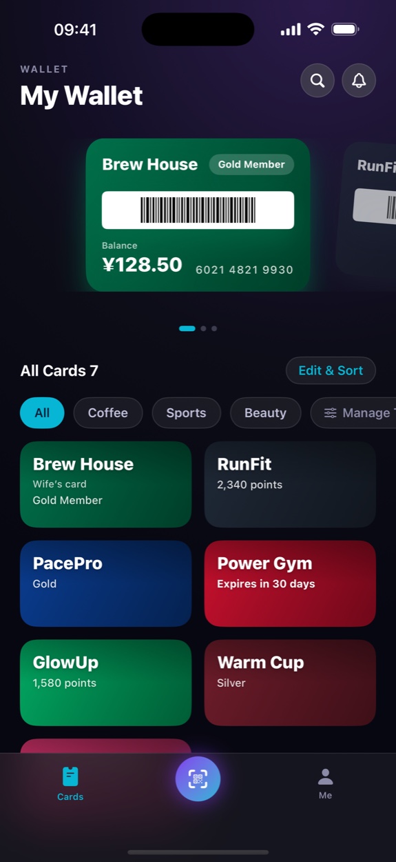 M Card Wallet home screen